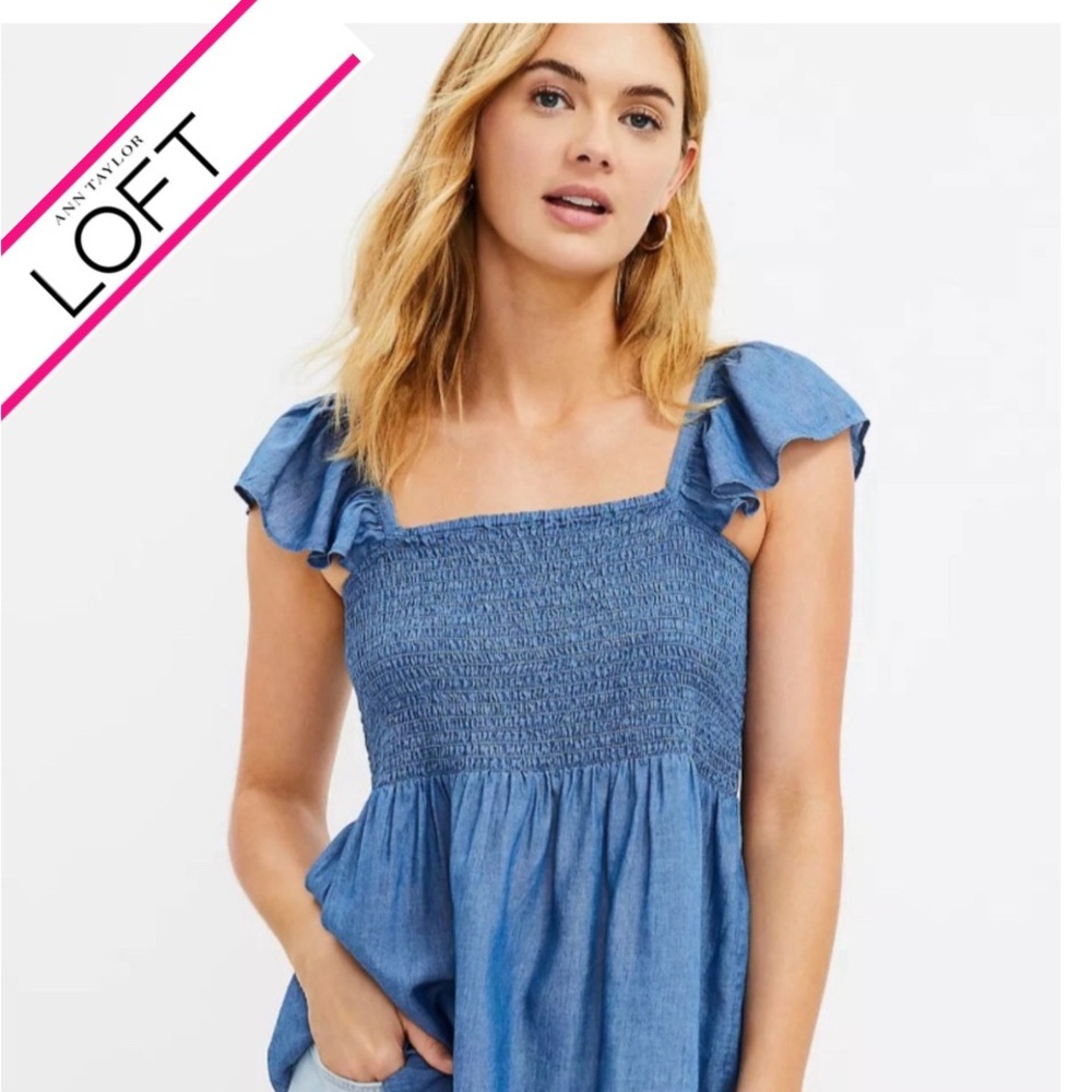 LOFT Smocked Chambray Ruffle Sleeve Top | Size Large - Picture 1 of 8